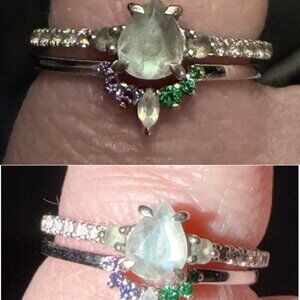 Moonstone pear engagement ring and wedding band featuring Emeralds & Amethysts